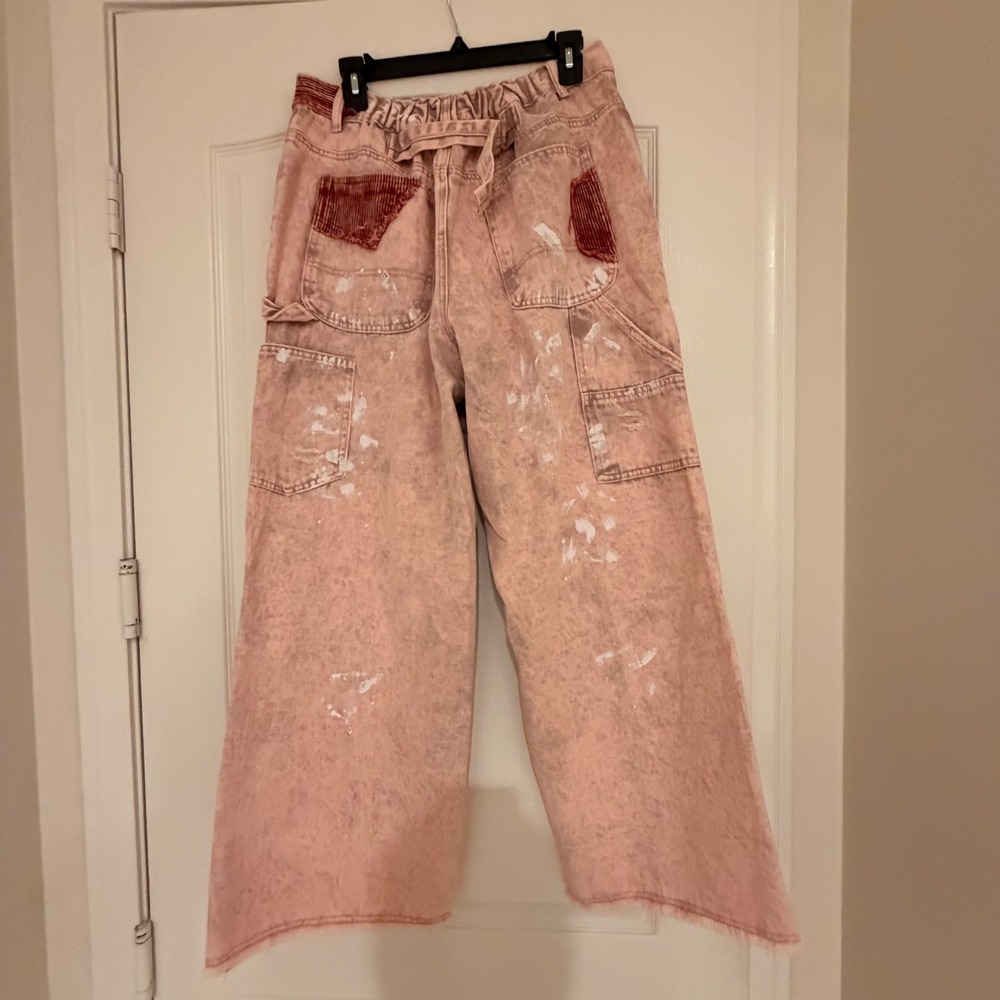 186. POL Oversize Size 10-12 Pink Acid Wash Jeans Distressed Paint Wide Leg M - Picture 7 of 11